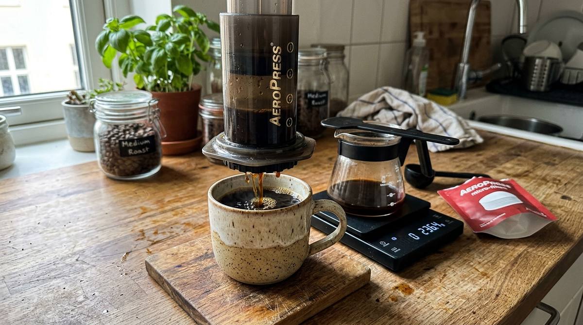 AeroPress brewer pressing fresh coffee into a speckled ceramic mug on a kitchen counter next to a scale and glass carafe