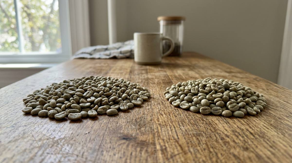 Two small piles of raw green coffee beans on a wooden table, one with longer beans and one with rounder beans