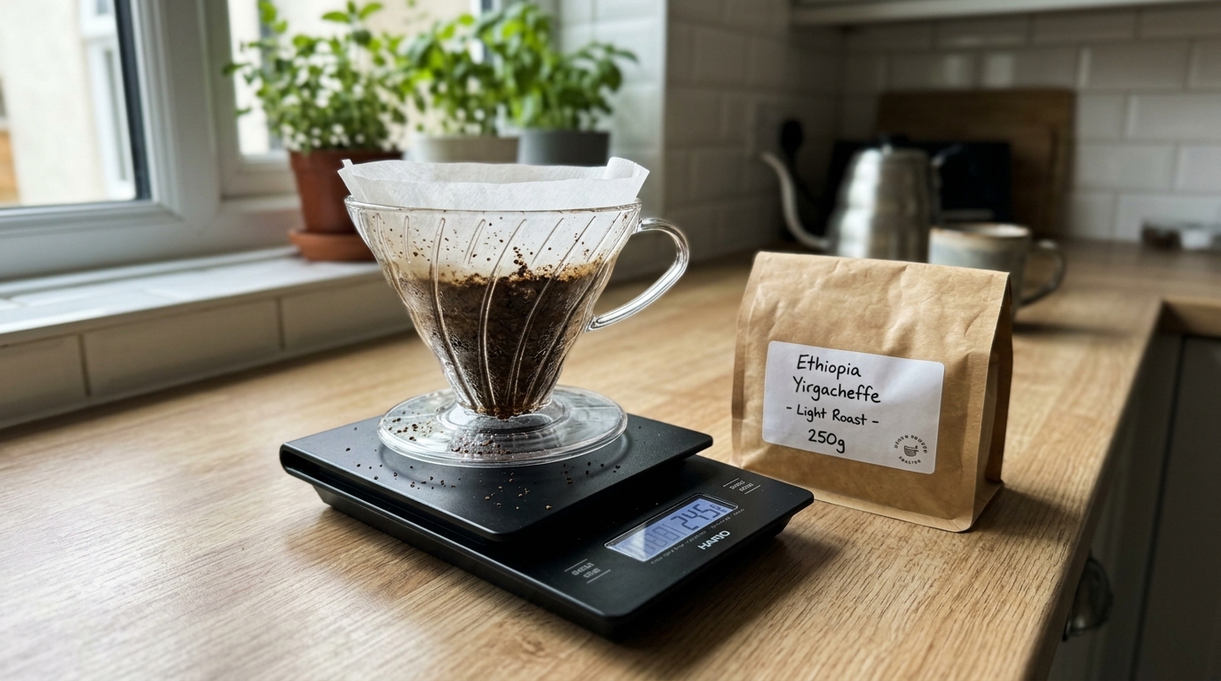 Glass pour-over dripper with coffee grounds sitting on a digital coffee scale next to a bag of whole bean coffee