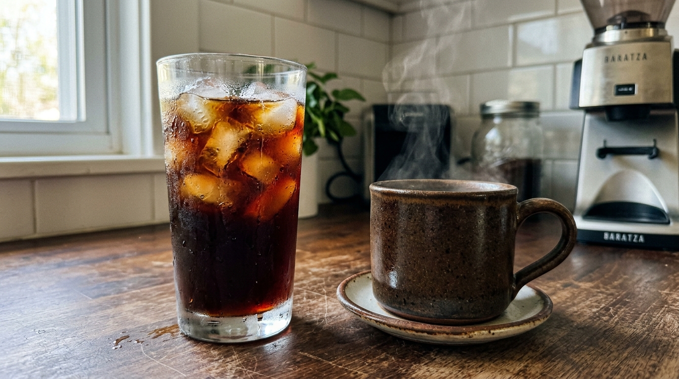 Tall glass of iced cold brew coffee next to a steaming ceramic mug of hot drip coffee on a kitchen counter