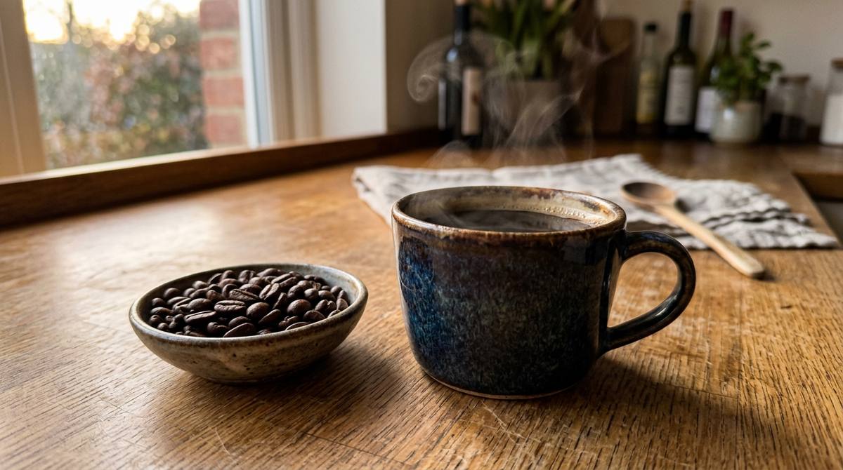 Steaming mug of black coffee next to a small bowl of roasted coffee beans on a wooden kitchen counter
