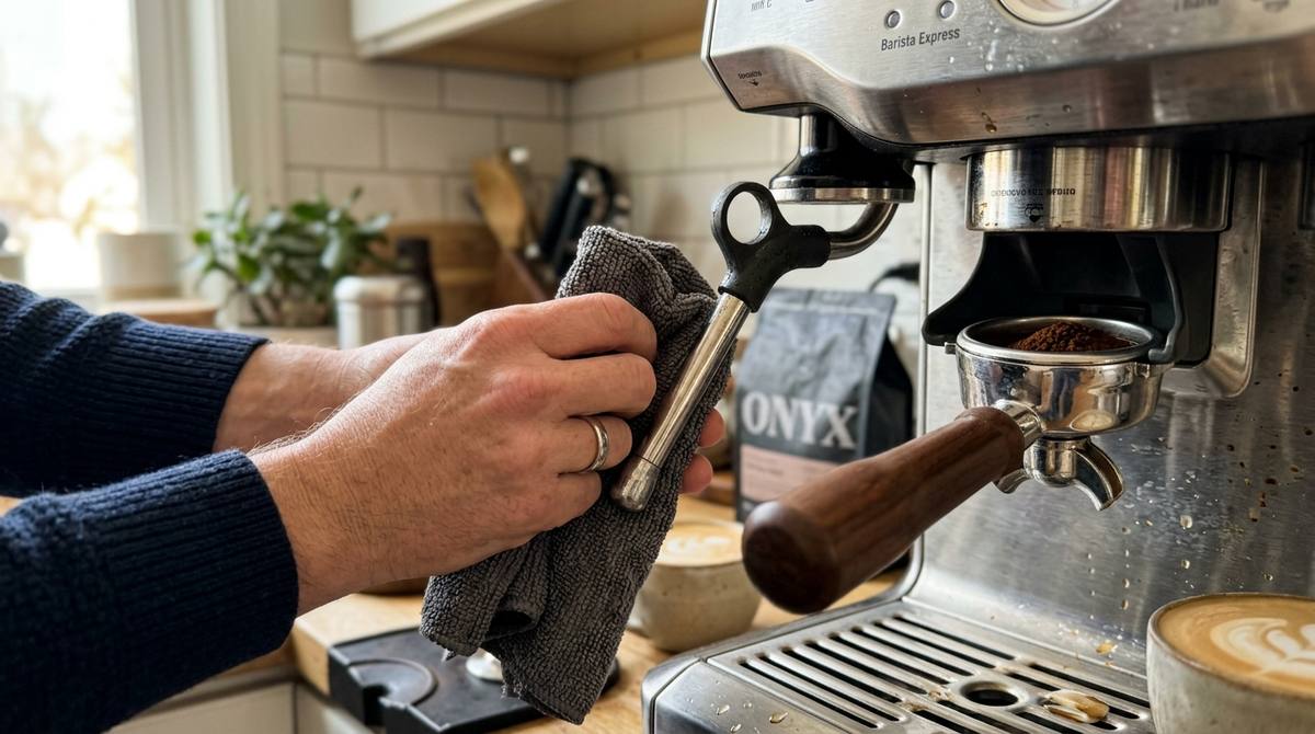 Hand wiping the steam wand of a home espresso machine with a gray microfiber cloth