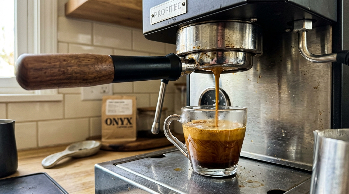 Espresso pouring from a portafilter into a small glass cup with golden crema forming on top
