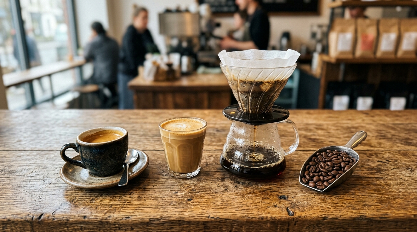 Cafe counter with an espresso cup, a cortado, a pour-over dripper and a scoop of coffee beans on a wooden bar