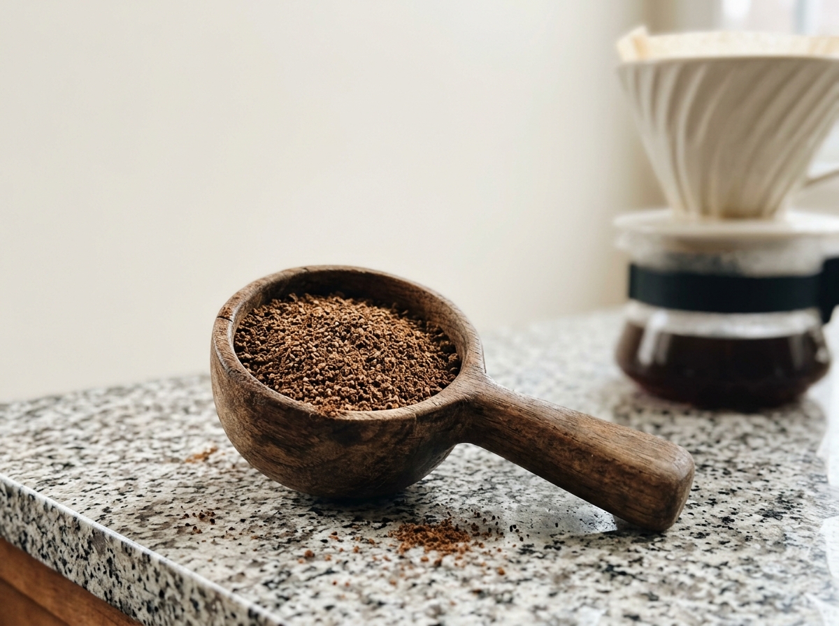 Medium ground coffee in a wooden scoop next to a pour-over dripper