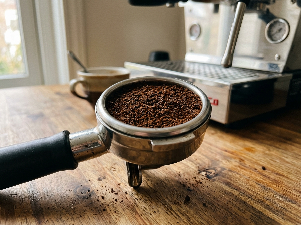 Finely ground coffee packed into an espresso portafilter basket