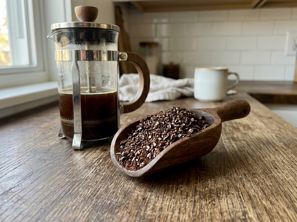 Coarsely ground coffee in a wooden scoop next to a French press, ready for brewing