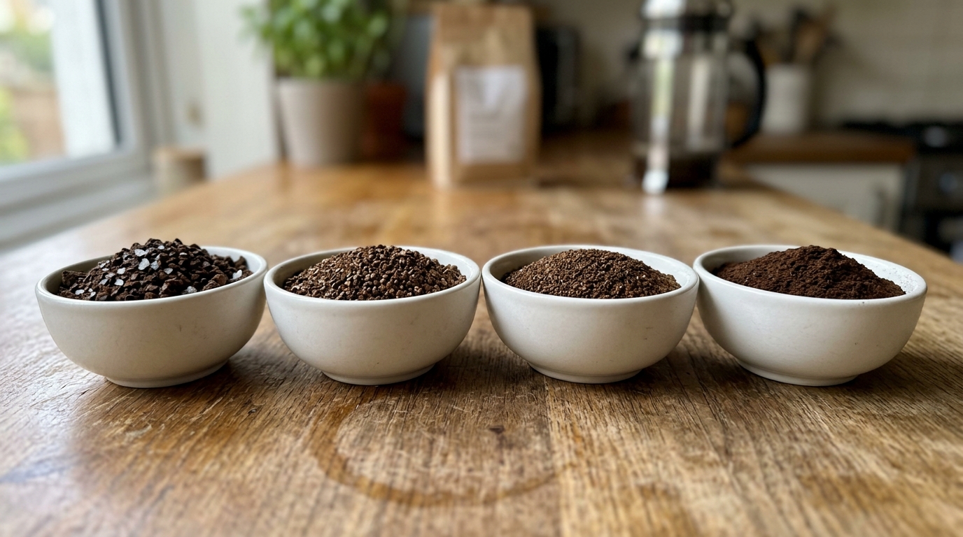 Four bowls showing coffee grind sizes from coarse to extra-fine side by side