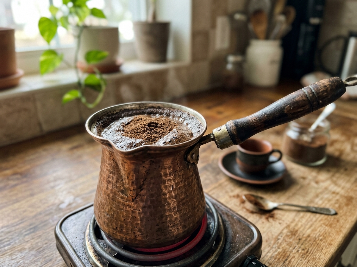 Extra-finely ground coffee in a copper Turkish coffee pot