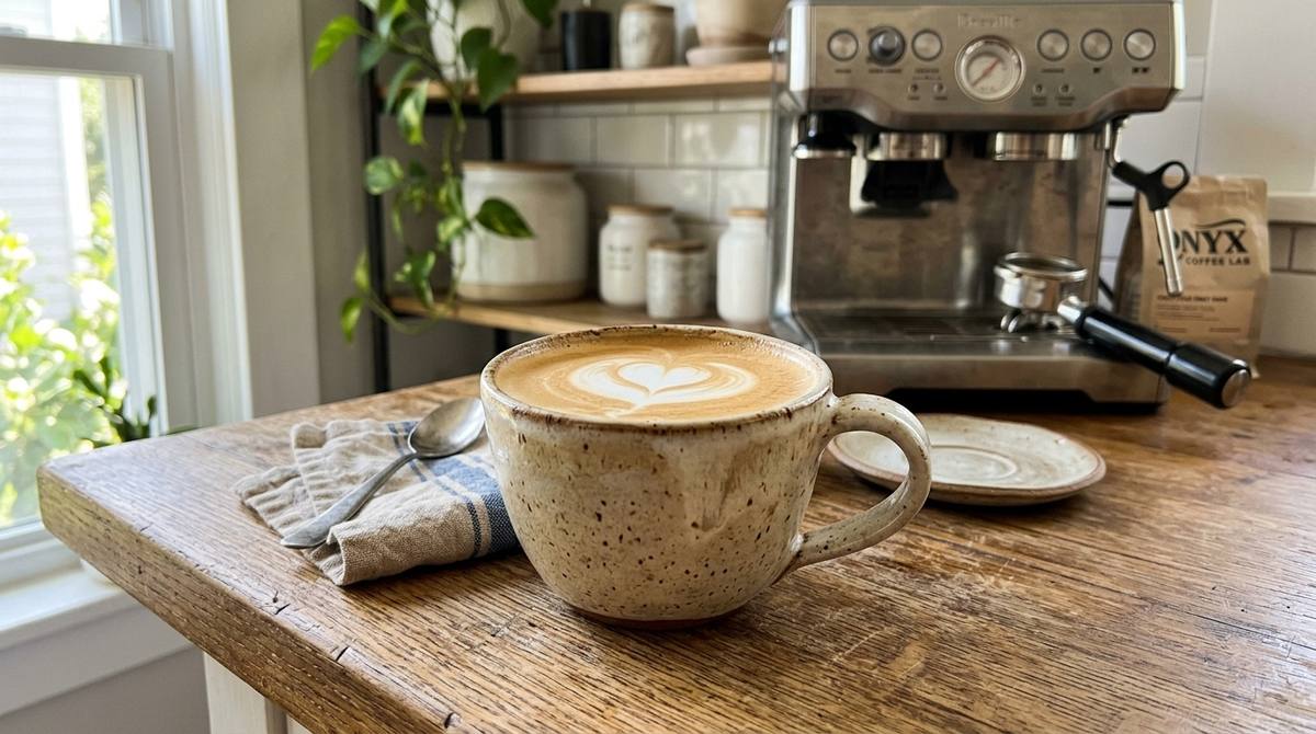 Homemade latte with heart latte art in a speckled ceramic cup on a kitchen counter with a home espresso machine behind it