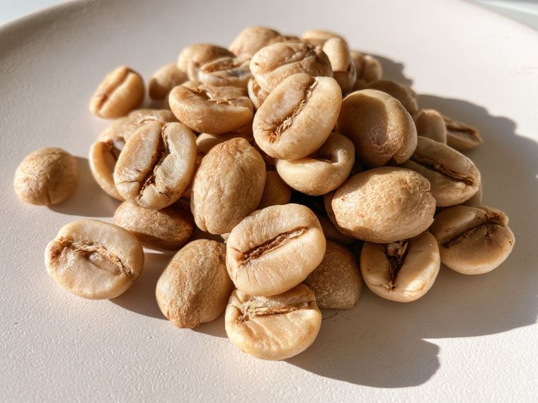 Light roast coffee beans in a small white bowl