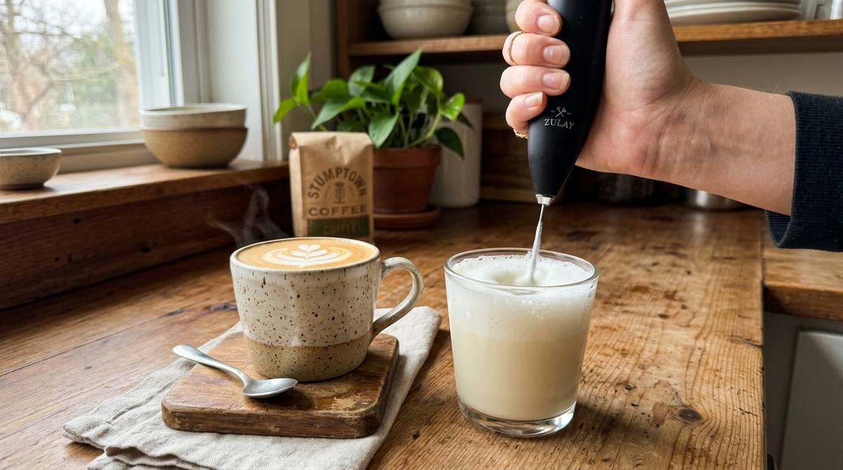 Hand holding a black handheld milk frother whisking thick foam in a glass of milk next to a latte in a ceramic mug