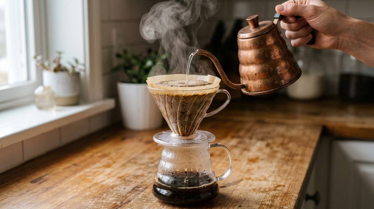 Hot water pouring from a copper gooseneck kettle over coffee grounds in a glass pour-over dripper with steam rising
