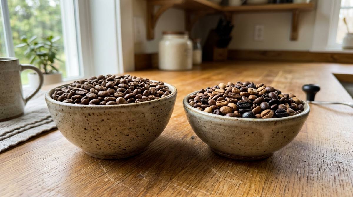 Two ceramic bowls of roasted coffee beans side by side, one with evenly roasted beans and one with a mix of light and dark beans