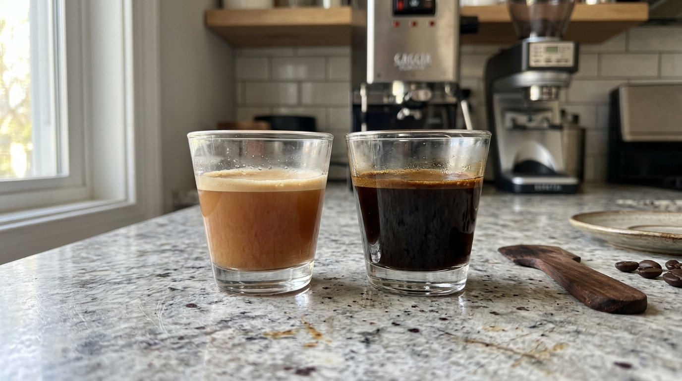 Two espresso shots side by side in small glasses, one pale and under-extracted and one very dark and over-extracted